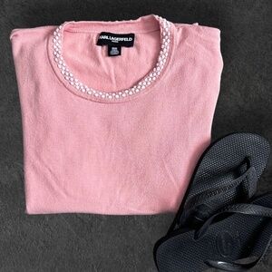 Karl Lagerfeld Paris - Short Sleeve Knit with Embroidered Neck Line in Soft Pink